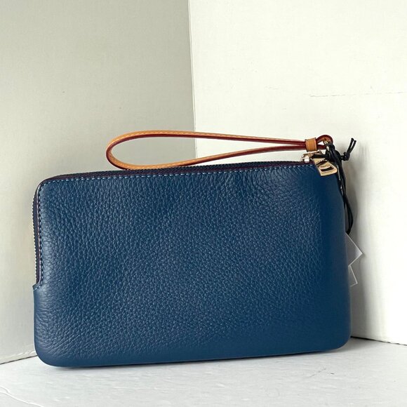 Coach Double Zip Phone Wallet Blue Signature Denim CZ321 Wristlet Leather Clutch - Picture 2 of 10